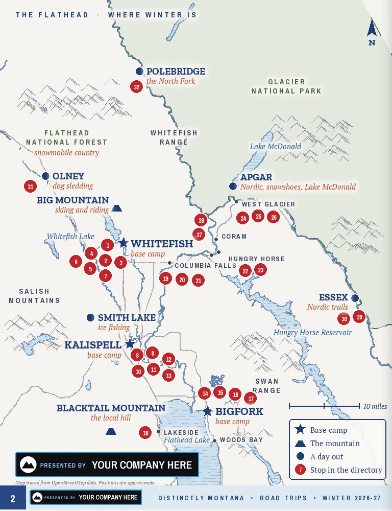 Painted destination map of the Flathead and Glacier's west side with numbered pins, a mockup