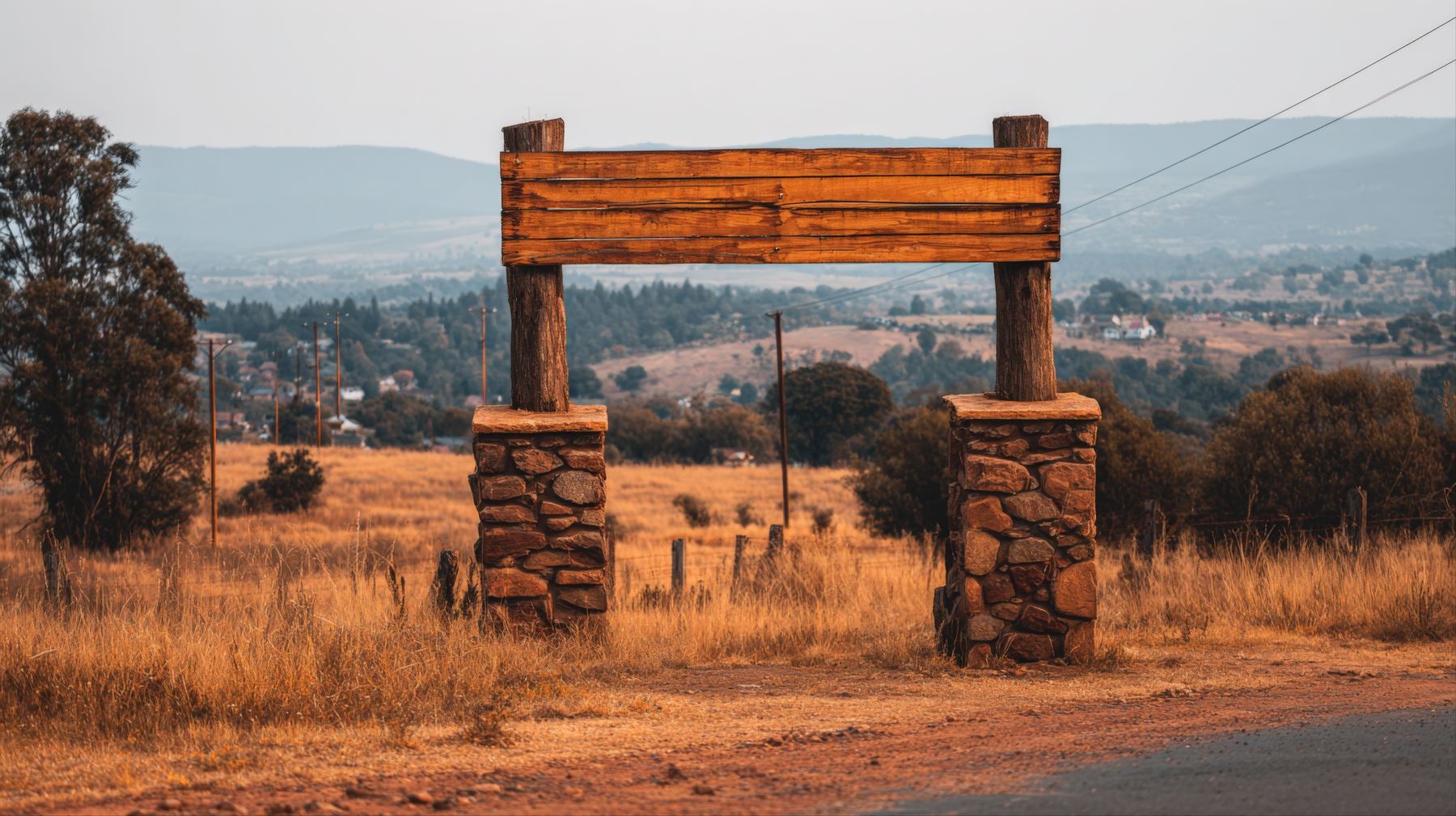 A rustic ranch gate with stone pillars in a dry Montana field