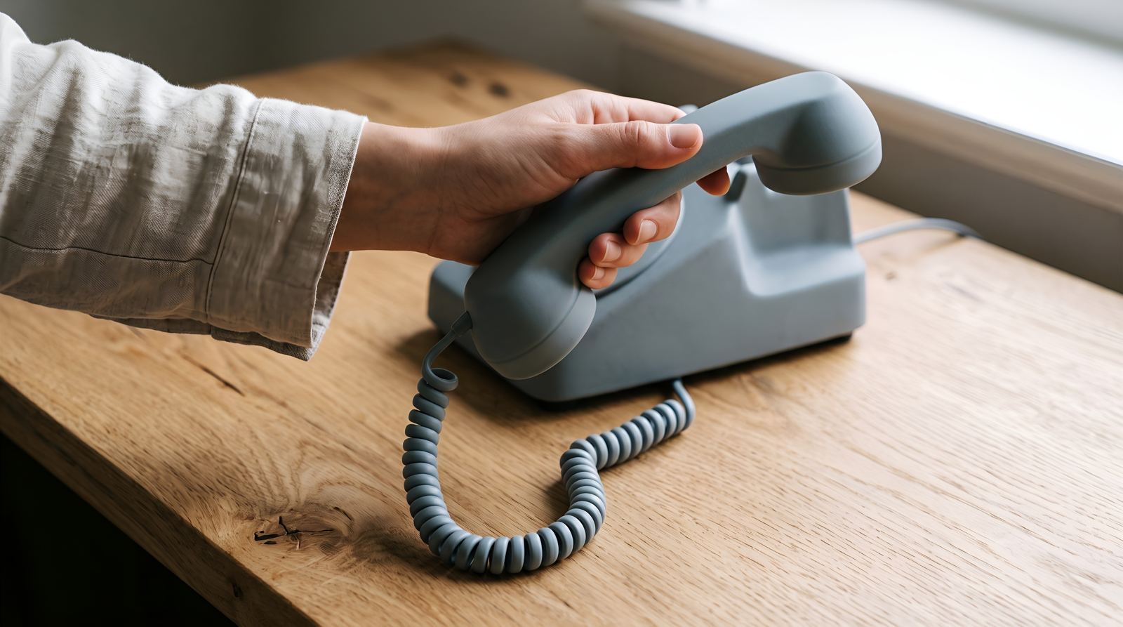 A hand picking up the receiver of a vintage rotary phone on a wooden table