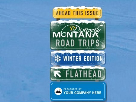 The Road Trips Winter Edition sign on the sample cover, with a blue Presented By sign