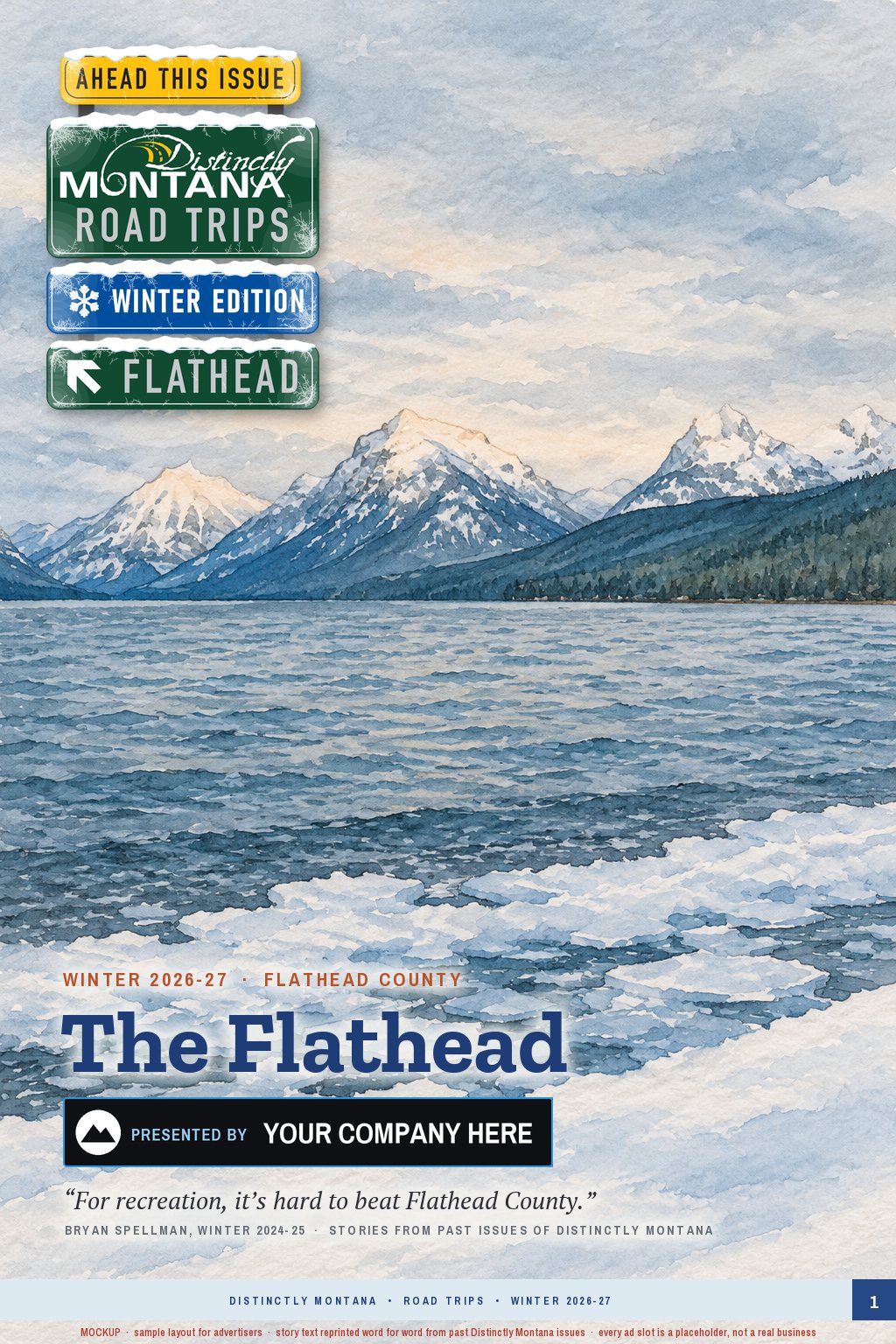 Sample opener page of the Winter Edition with a Presented By lockup reading YOUR COMPANY HERE, a mockup