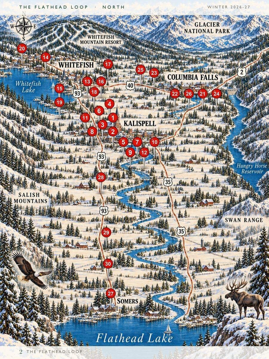 Painted map of the north Flathead loop with thirty numbered pins from Whitefish to Somers